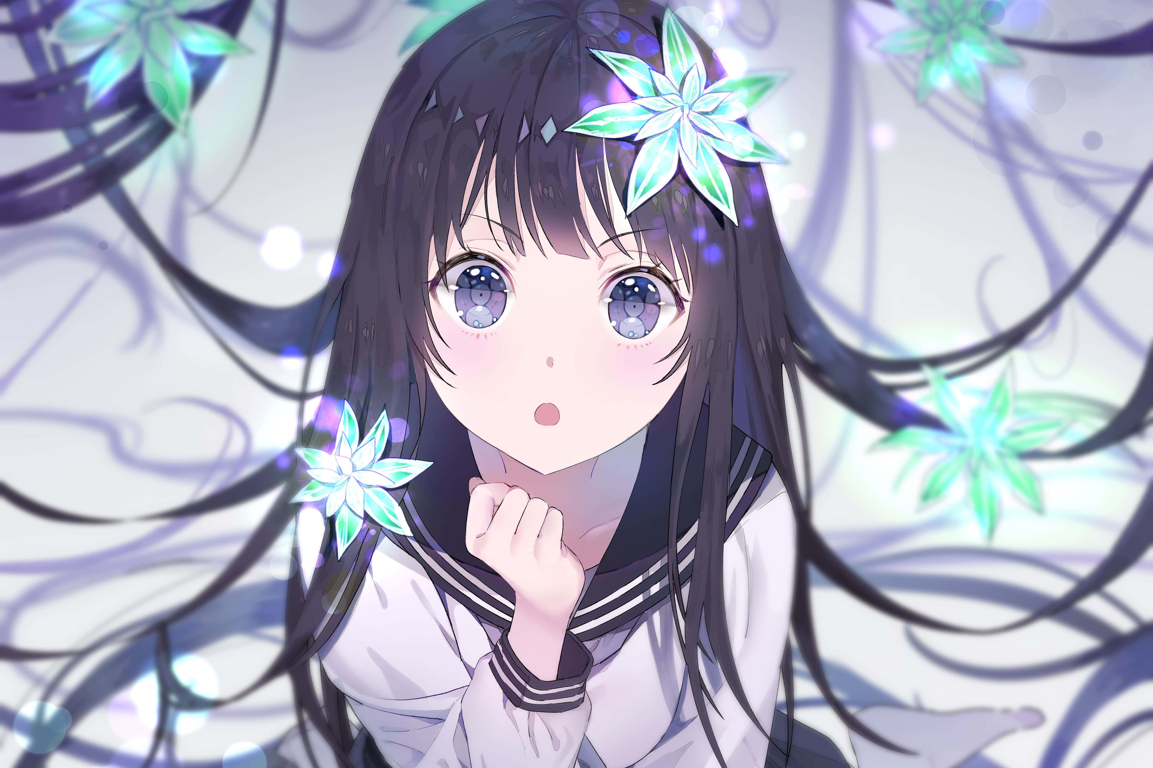 Anime Girl Black Hair 桌布 壁紙 — 一個驚訝的動漫女孩，長長的黑髮和發光的藍色花朵，漂浮在旋轉的紫色藤蔓和閃爍的燈光中。