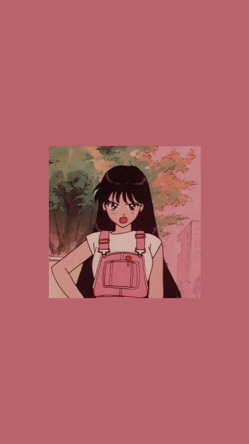 sailor mars 桌布 壁紙 — 一個驚訝的動漫女孩，長長的黑髮和粉紅色吊帶褲，站在有樹木的柔和粉紅色背景前。