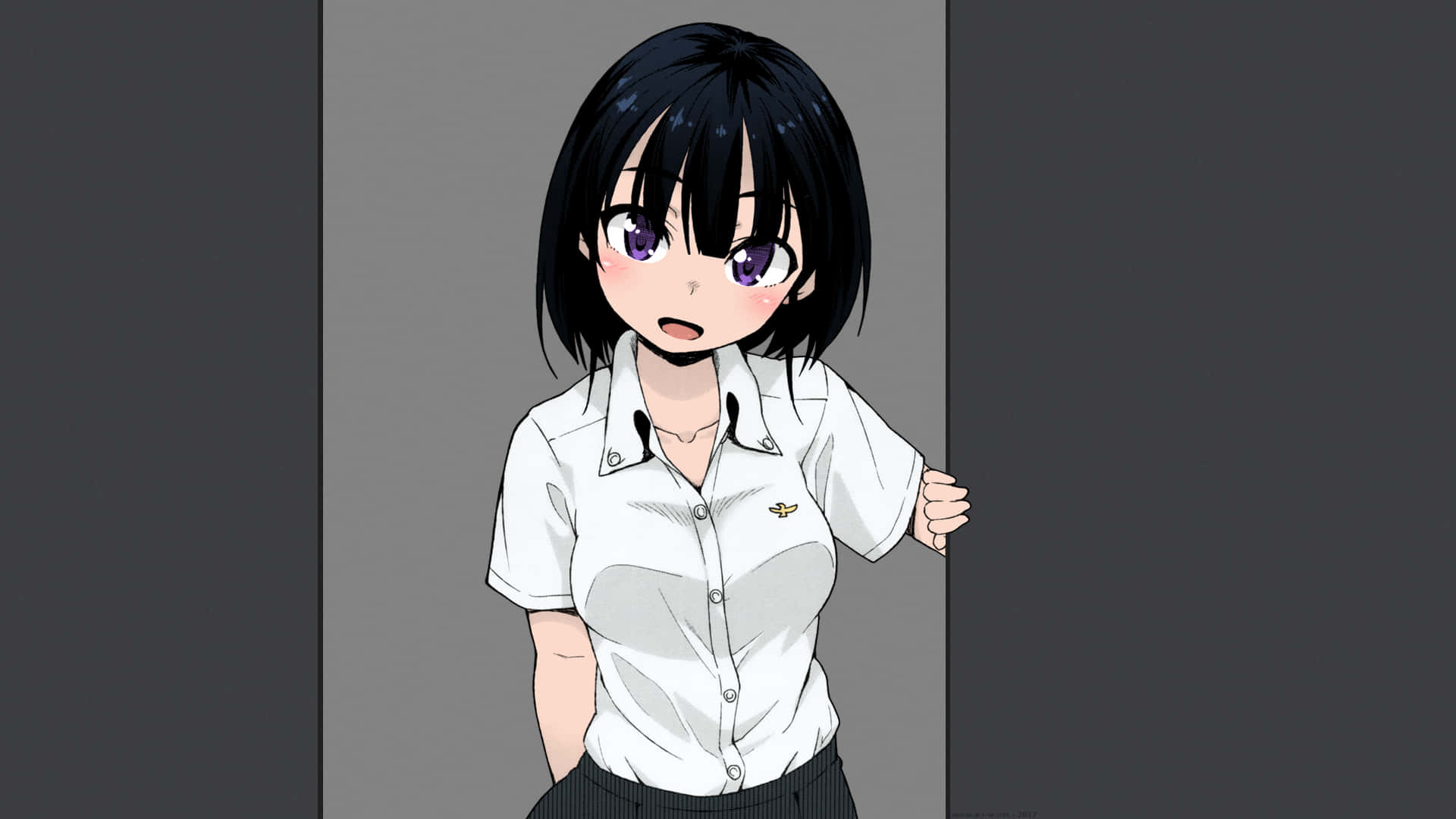 動漫女孩 桌布 壁紙 — 一個驚訝的動漫女孩，黑色短髮，紫色眼睛，穿著白色校服襯衫，從灰色門後探出頭來。