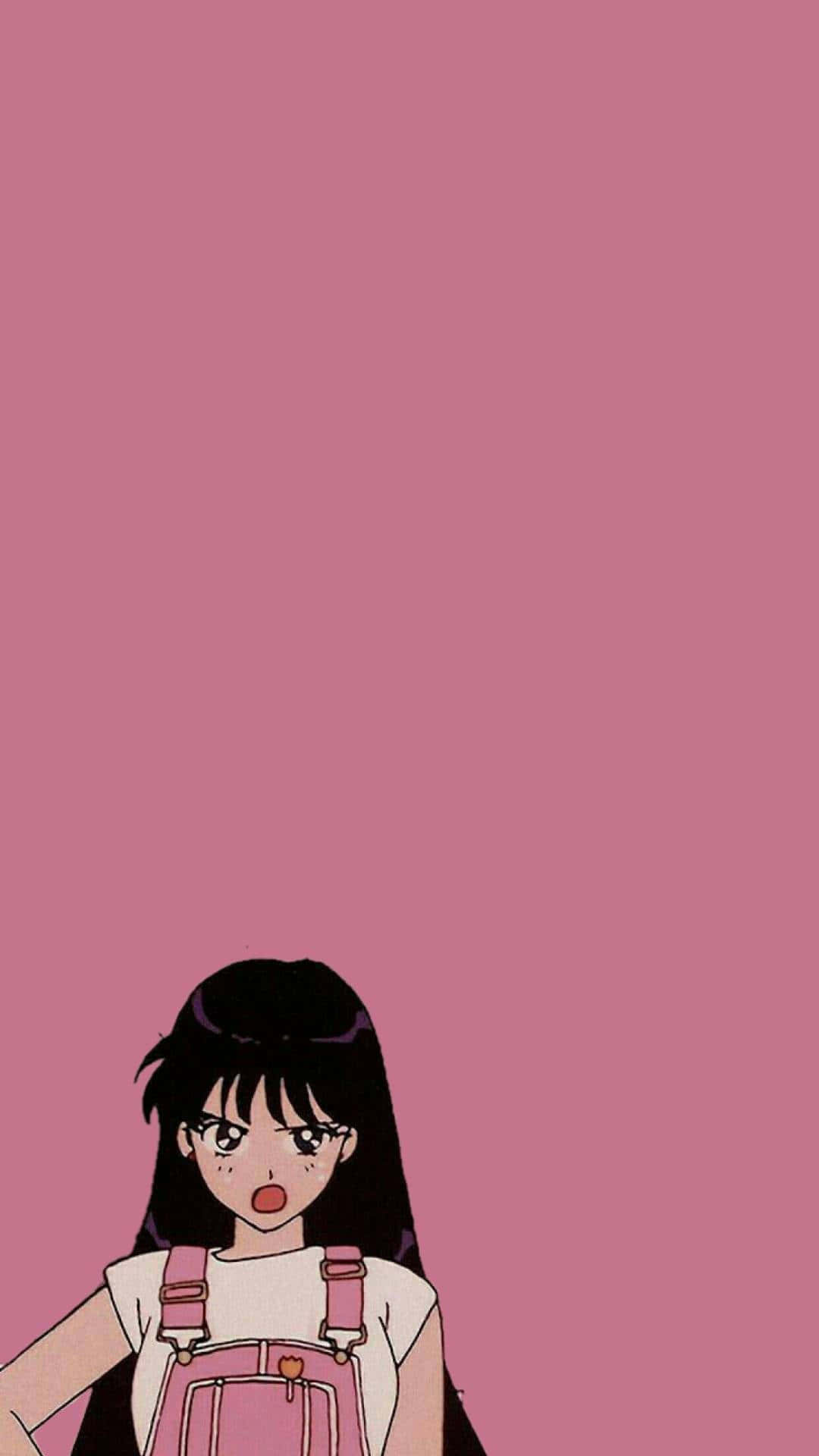 sailor mars 桌布 壁紙 — 一個驚訝的動漫女孩，黑髮，穿著粉紅色吊帶褲，站在純粉紅色背景前。