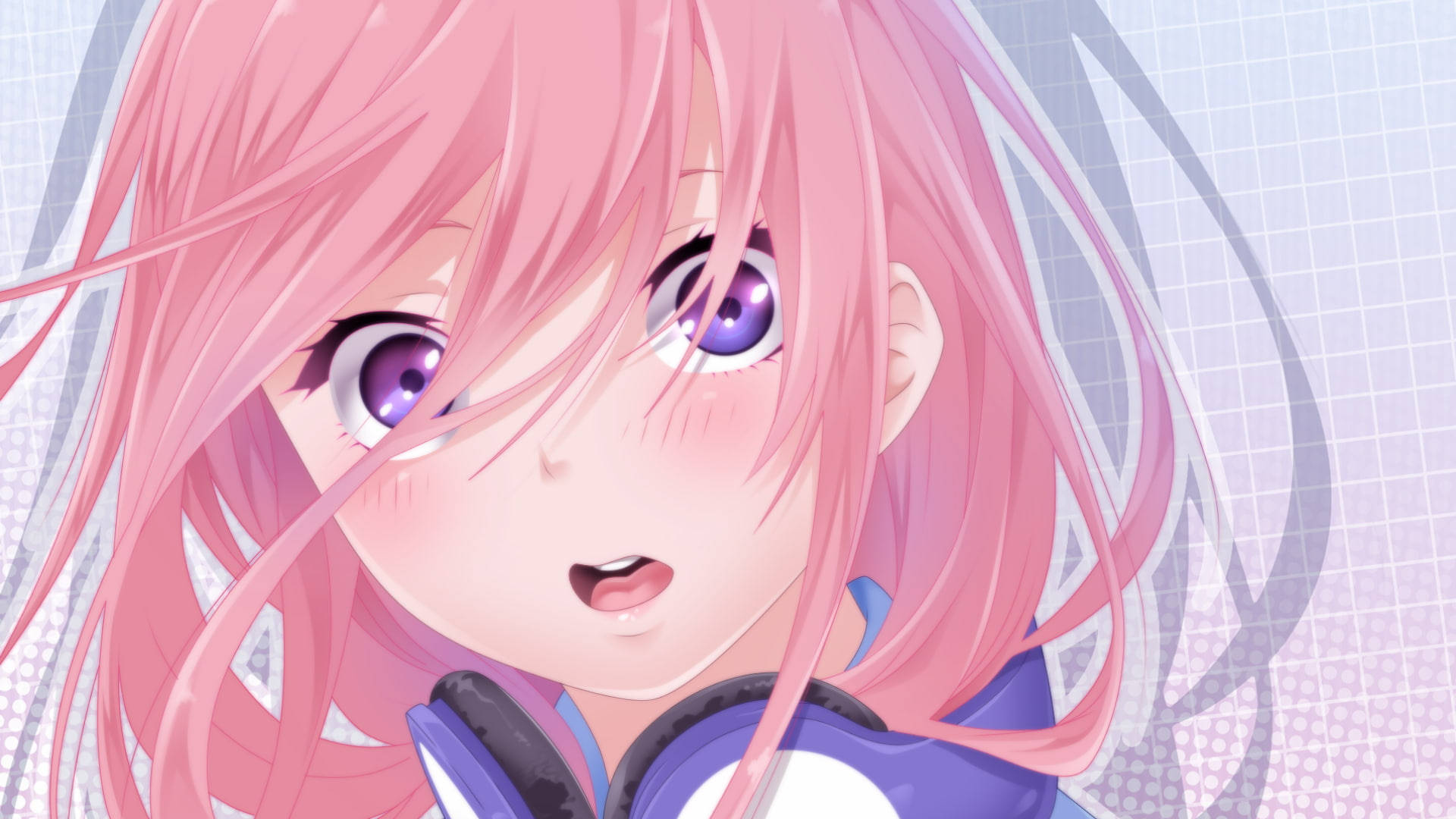 miku 桌布 壁紙 — 一個驚訝的動漫女孩特寫，粉紅色頭髮和紫色眼睛，戴著耳機，背景為網格。