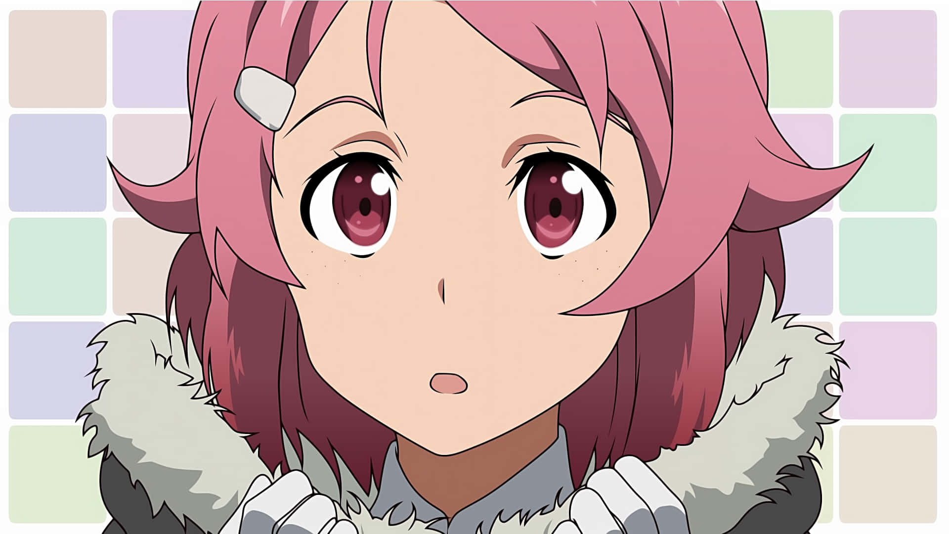 Sword Art Online Lisbeth 桌布 壁紙 — 一個驚訝的動漫女孩特寫，粉紅色頭髮和紅色眼睛，穿著毛領大衣，背景是粉彩網格。