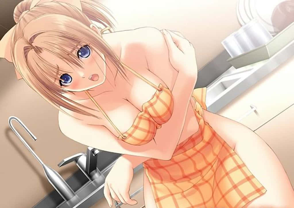 動漫女孩 桌布 壁紙 — 一個驚訝的動漫女孩穿著橙色格子內衣，帶著頑皮的表情靠在廚房水槽上。