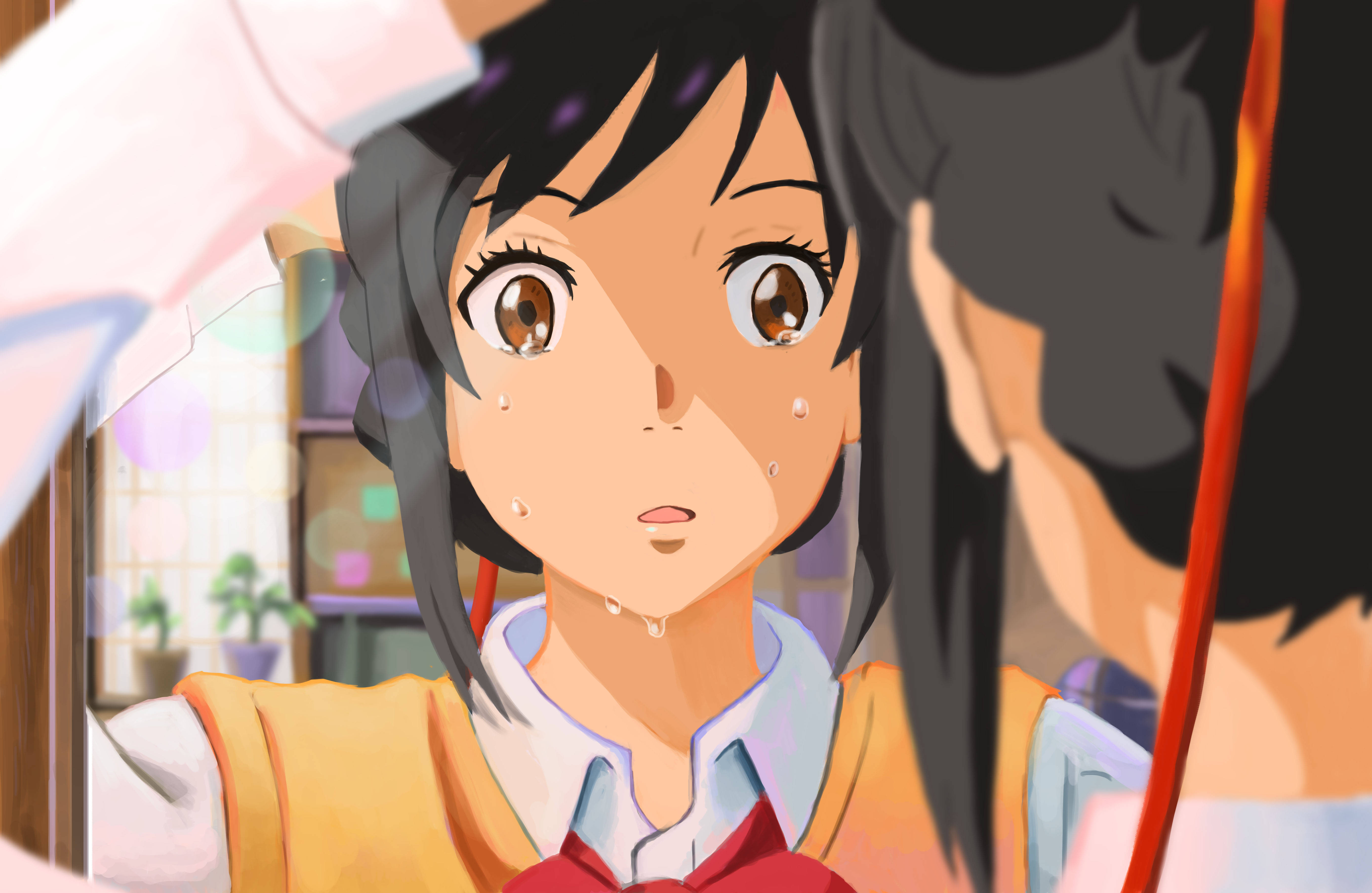 Your Name 桌布 壁紙 — 一個驚訝的動漫女孩臉上掛著淚水，抬頭看著另一個在室內撐傘的人。