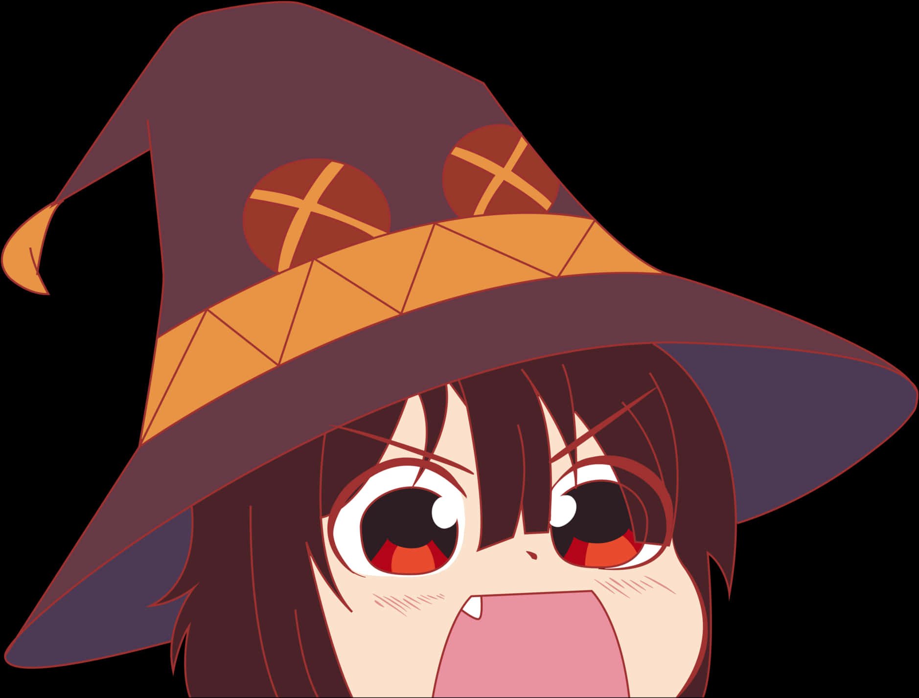 Megumin 桌布 壁紙 — 一個驚訝的動漫女巫，紅眼睛和尖牙，從她的紫色帽子下窺視，背景是黑色。