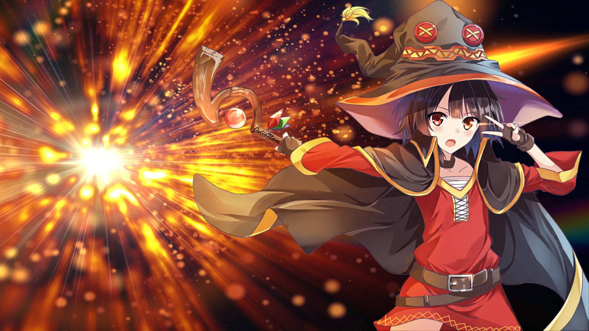 Megumin 桌布 壁紙 — 一個驚訝的動漫女巫，身穿紅色服裝和寬邊帽，在燦爛的金色爆炸背景下施展發光的咒語。
