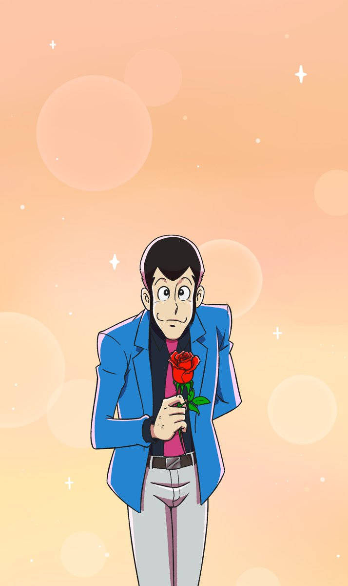 Lupin 桌布 壁紙 — 一個驚訝的動漫男子穿著藍色西裝，在柔和的桃色散景背景和閃爍中手持一朵紅玫瑰。