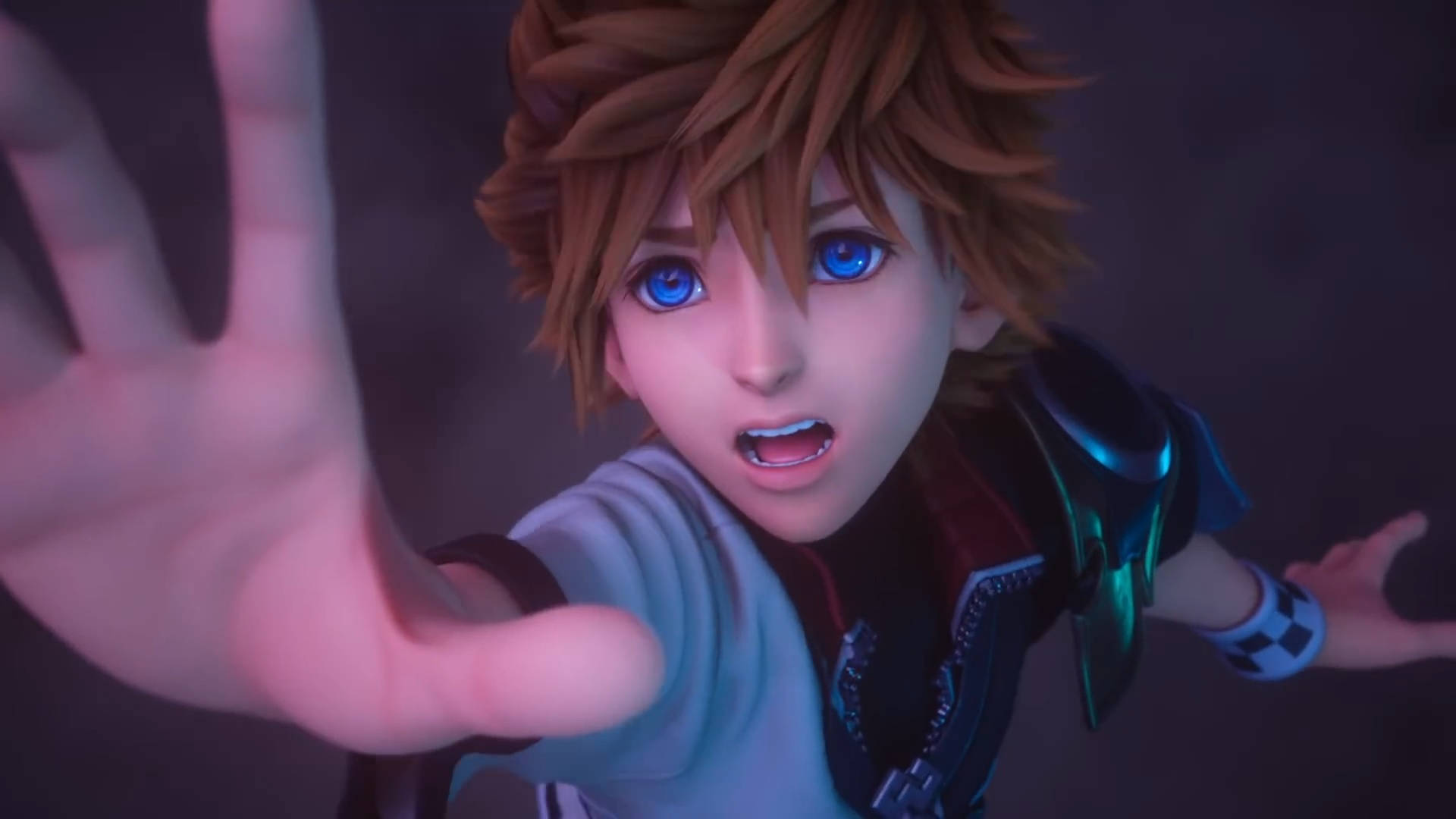 Kingdom Hearts 3 桌布 壁紙 — 一個驚訝的動漫男孩，有著刺刺的棕色頭髮和藍色眼睛，在深紫色背景前伸出手。