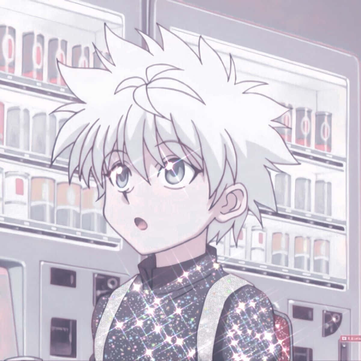 奇犽 桌布 壁紙 — 一個驚訝的動漫男孩，有著尖刺的白髮和閃亮的服裝，站在柔和的粉彩環境中的自動販賣機前。