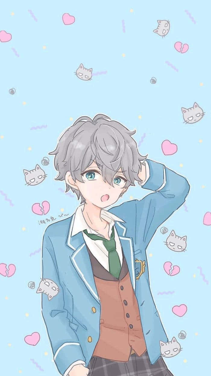 桌布 壁紙 — 一個驚訝的動漫男孩，灰髮藍眼，穿著校服，站在淺藍色背景前，背景充滿漂浮的粉紅色心形和貓臉。