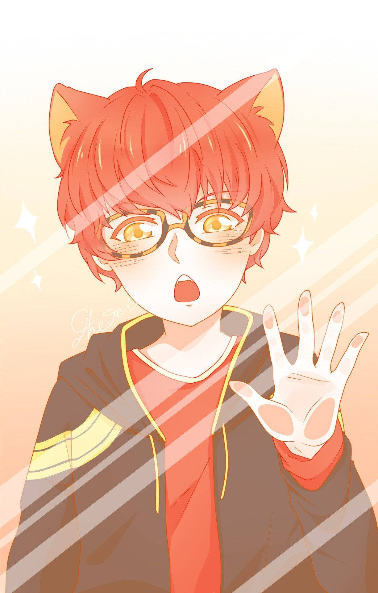 Aesthetic Anime Boy 桌布 壁紙 — 一個驚訝的動漫男孩，紅髮、貓耳、戴眼鏡，在溫暖發光的背景前用像爪子的手揮手。
