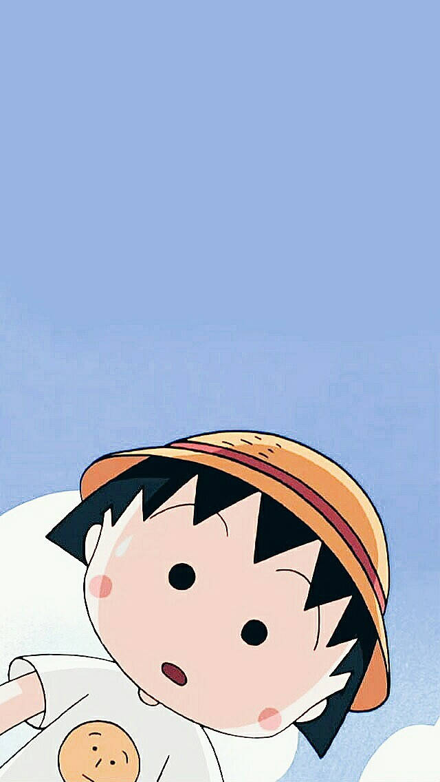 Chibi Maruko Chan 桌布 壁紙 — 一個驚訝的動漫男孩，黑色刺蝟頭戴著草帽，仰望清澈的藍天。
