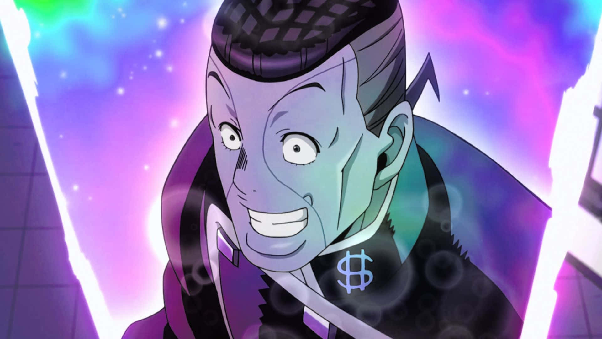 Okuyasu Nijimura 桌布 壁紙 — 一個驚訝的動漫角色，紫色皮膚，戴著美元符號項鍊，背景是發光的宇宙。