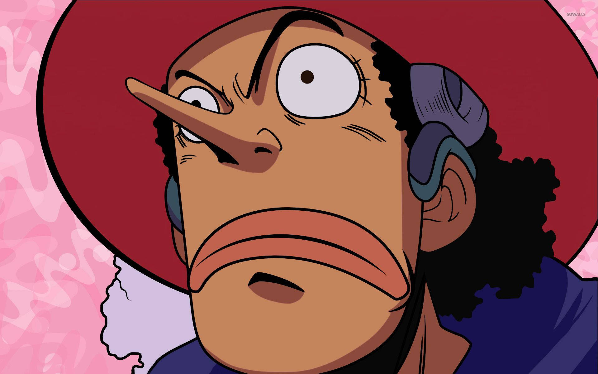 one piece usopp 桌布 壁紙 — 一個驚訝的動漫角色特寫，長鼻子，戴紅帽，背景是粉紅色圖案。