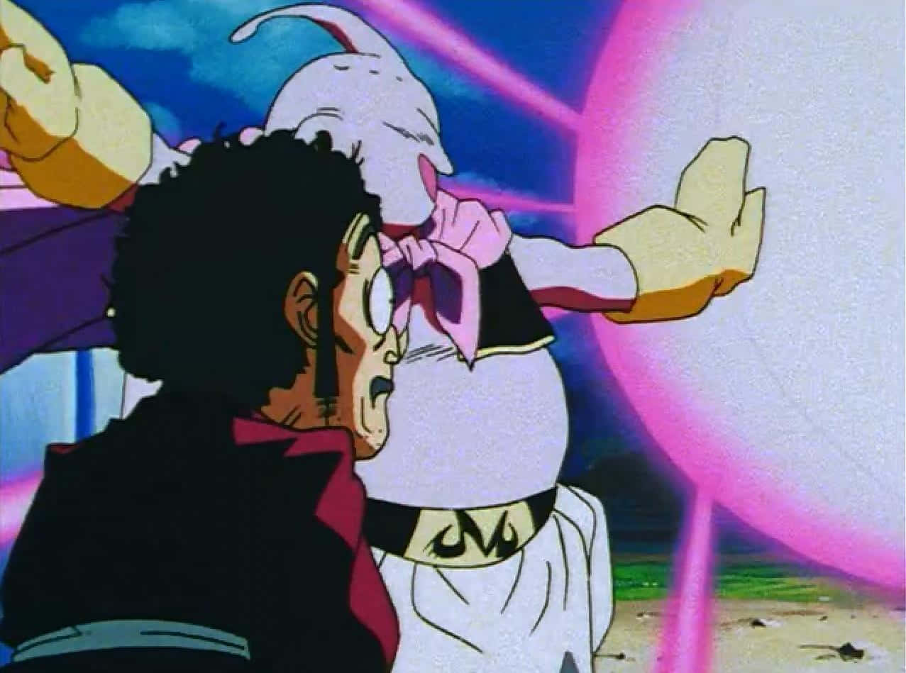 Hercule Satan 桌布 壁紙 — 一個驚訝的動漫角色面對一隻巨大的白色兔子狀生物，在藍天下發出粉紅色能量光束。
