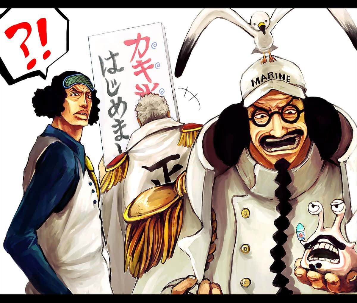 Sengoku 桌布 壁紙 — 一個驚訝的動畫海盜面對一個戴著海鷗在帽子上大喊大叫的海軍軍官。