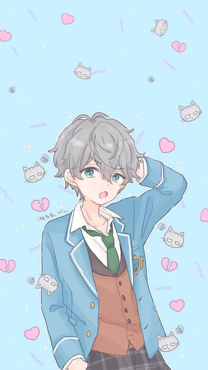 Aesthetic Anime Boy 桌布 壁紙 — 一個驚訝的動畫男孩，灰色頭髮，綠色眼睛，穿著校服，背景是淺藍色，有漂浮的心形和貓臉。