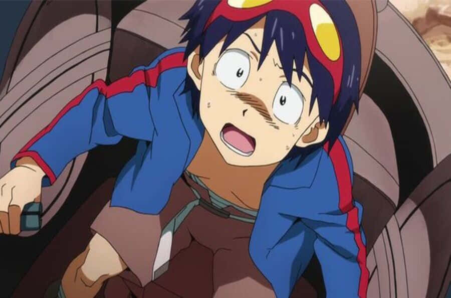 Gurren Lagann Simon 桌布 壁紙 — 一個驚訝的動畫男孩，藍色頭髮和護目鏡，在車輛內緊握方向盤。