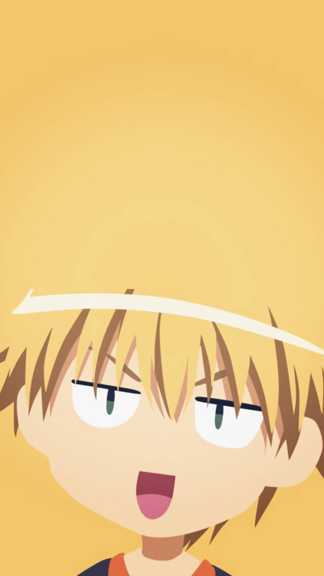 Kaichou Wa Maid Sama 桌布 壁紙 — 一個驚訝的動畫男孩，金髮，戴著白色頭帶，在純黃色背景上睜大眼睛凝視。