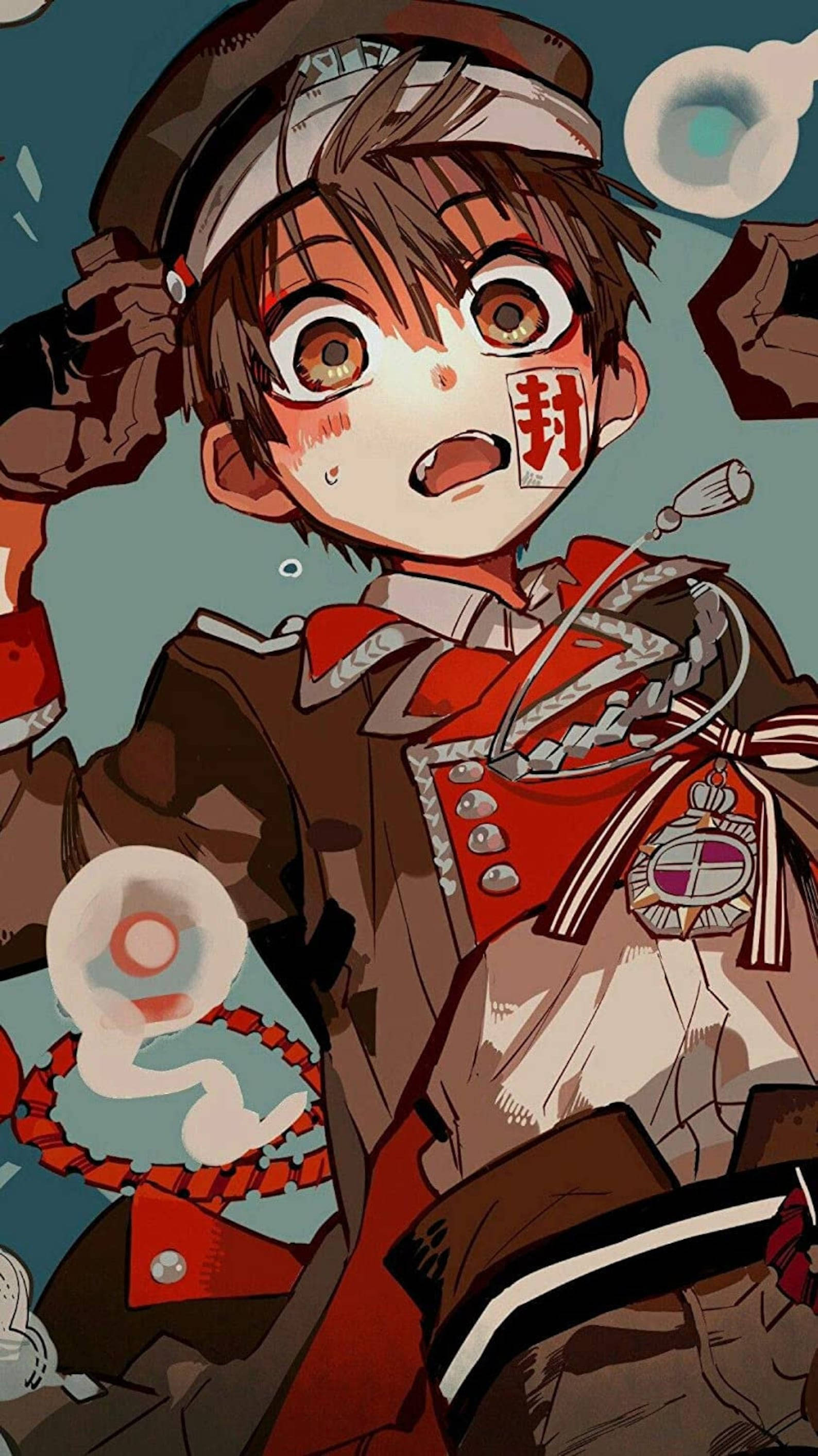 Toilet Bound Hanako Kun 桌布 壁紙 — 一個驚訝的動畫男孩穿著軍裝，臉頰上有紅色印記，周圍漂浮著神秘的球體。