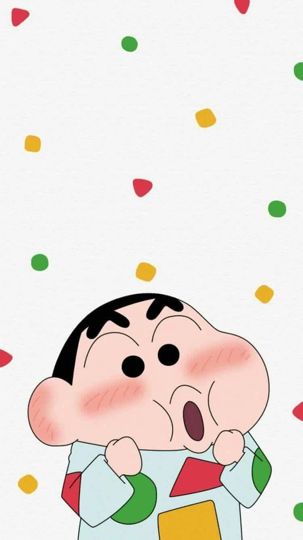 搞笑動漫 桌布 壁紙 — 一個驚訝的卡通男孩，臉頰紅潤，抬頭看著白色背景上飄落的彩色紙屑。