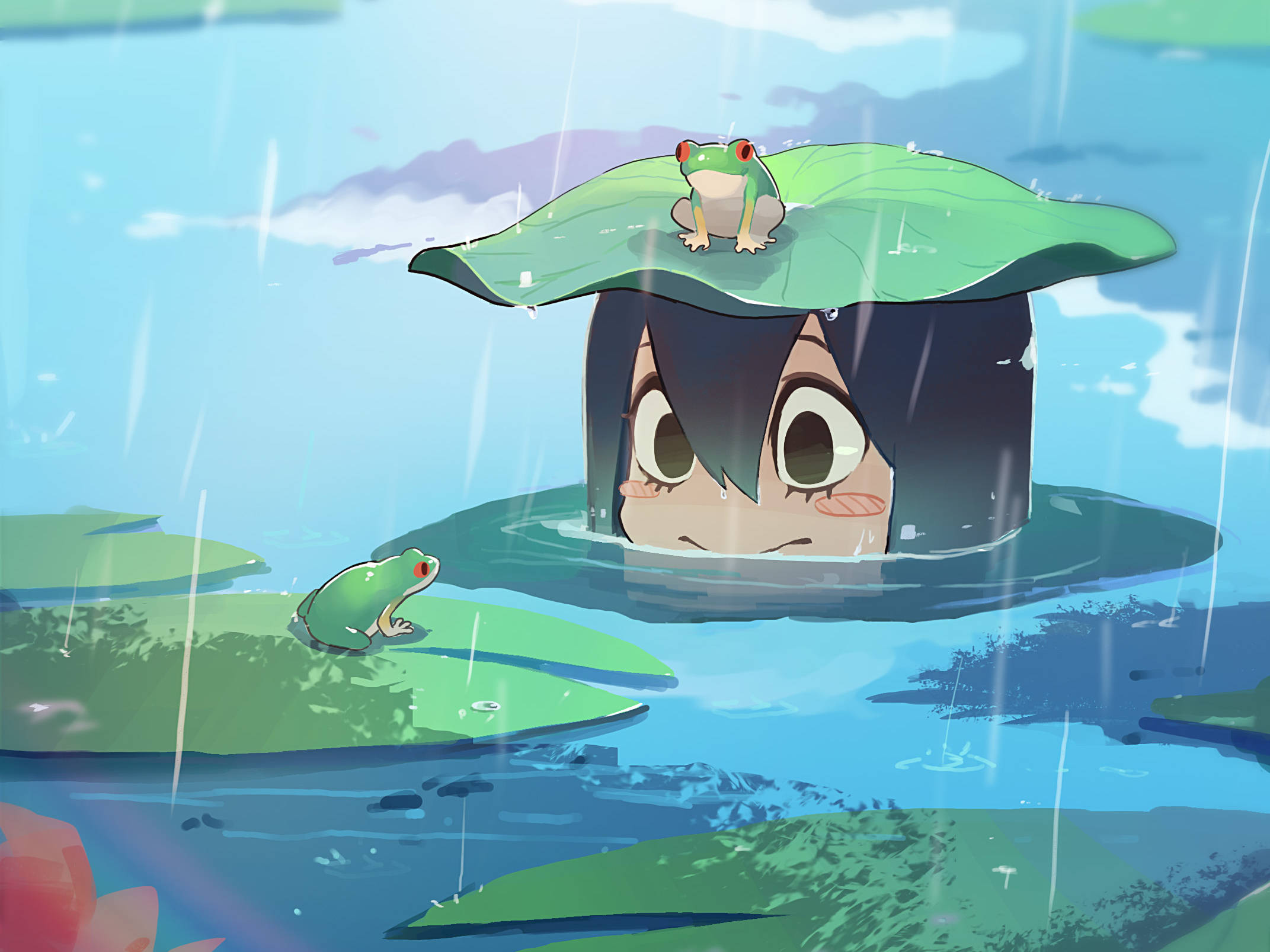 Froppy 桌布 壁紙 — 一個驚訝的深色頭髮動漫女孩從荷葉下的水中窺視，周圍下雨，還有青蛙。