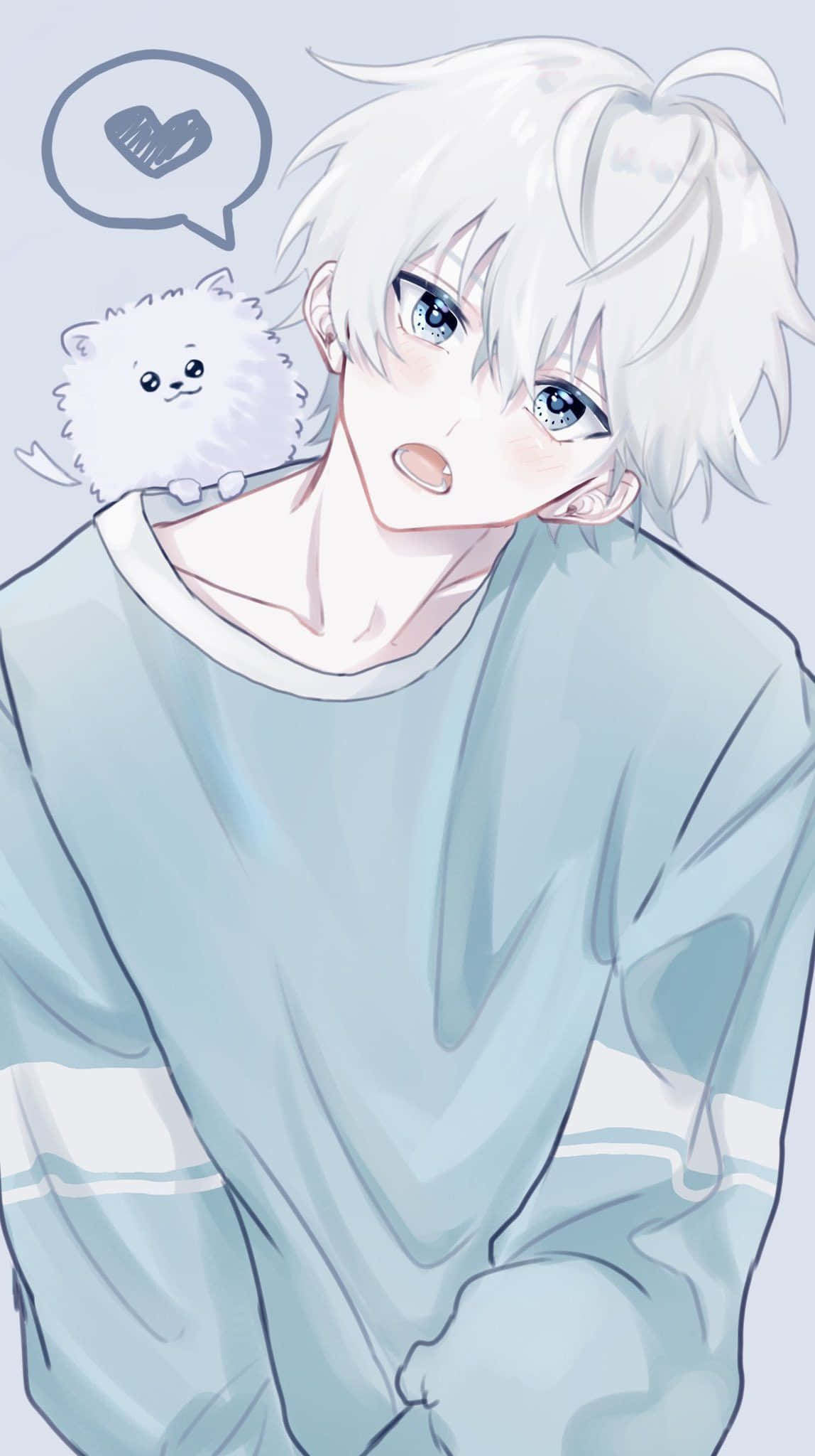 Cute Anime Boys 桌布 壁紙 — 一個驚訝的白髮藍眼動漫男孩抱著一隻蓬鬆的白貓，上方有心形對話框。