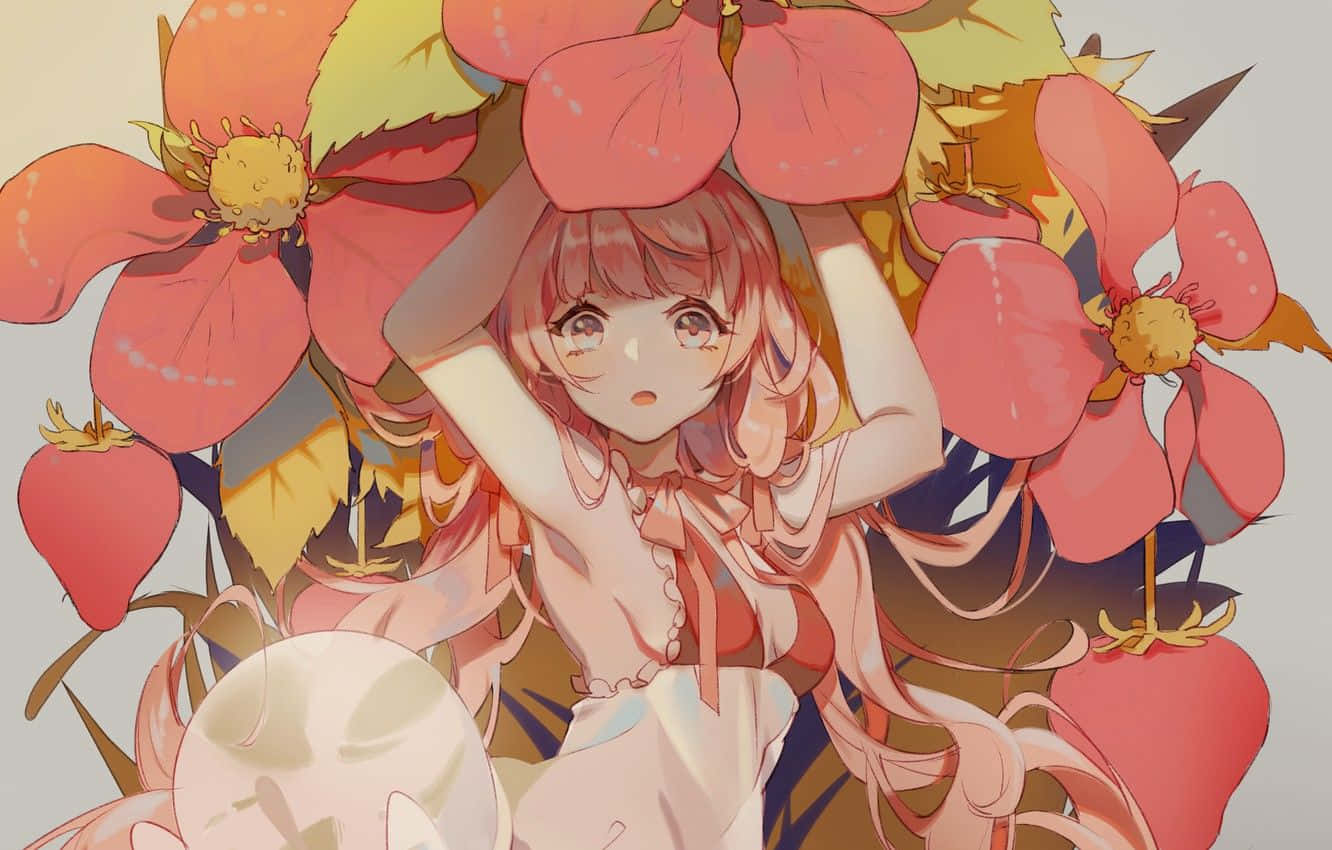 粉色動漫美學 桌布 壁紙 — 一個驚訝的粉紅色頭髮動漫女孩被超大的粉紅色和橙色花朵包圍在柔和發光的場景中。