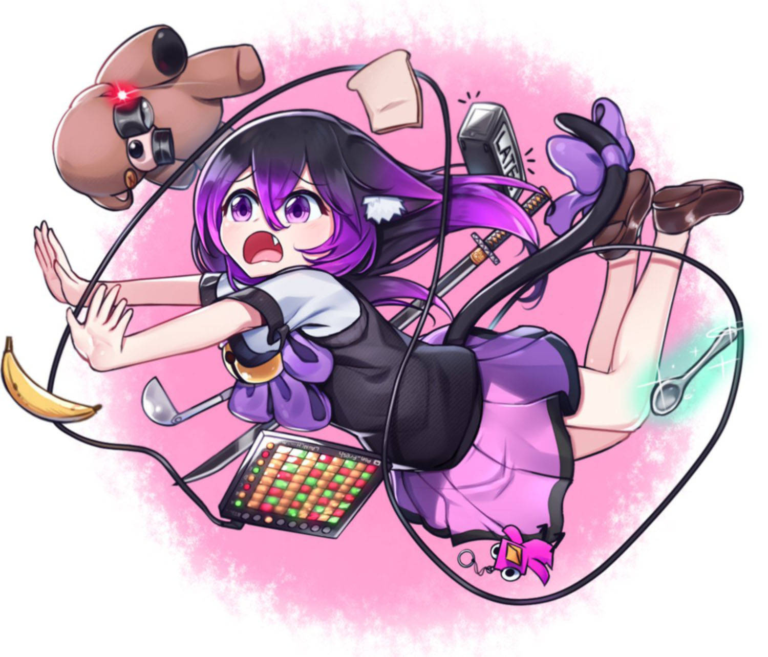 Vrchat 桌布 壁紙 — 一個驚訝的紫髮動漫女孩被纏繞在混亂的物體漩渦中，包括香蕉劍和泰迪熊。