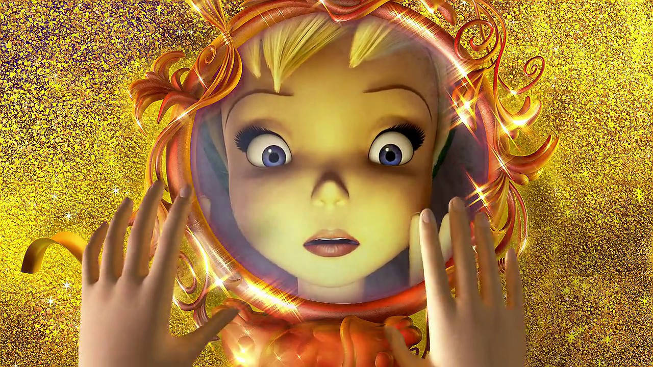 Tinker Bell 桌布 壁紙 — 一個驚訝的金髮動畫女孩透過發光的裝飾鏡子窺視，背景是閃閃發光的金色。