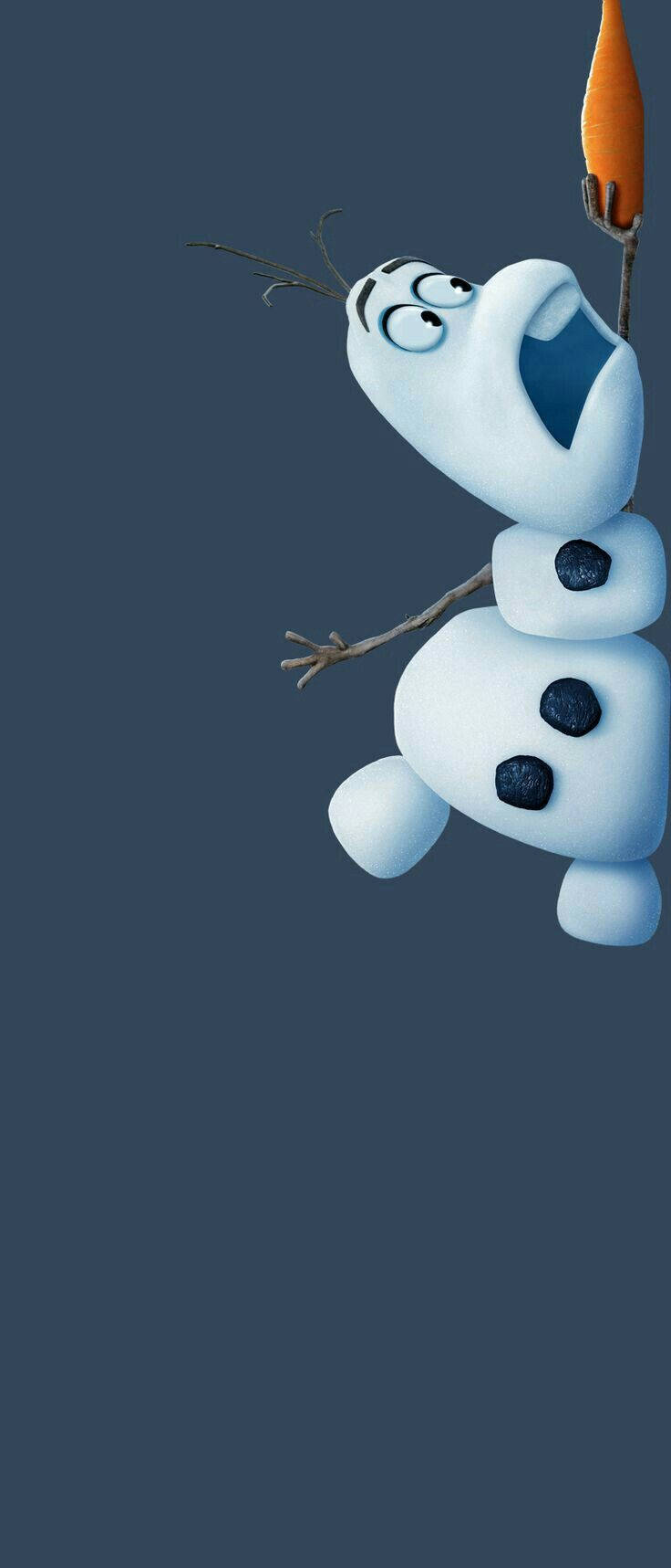 Olaf 桌布 壁紙 — 一個驚訝的雪人，有樹枝手臂和煤炭鈕扣，倒掛在深藍色背景上，拿著一根胡蘿蔔。