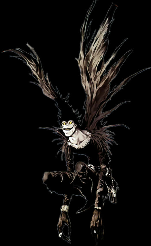 Death Note Ryuk 桌布 壁紙 — 一個骨骼動漫角色，有著發光的黃色眼睛和羽毛翅膀，蹲在黑色背景前。