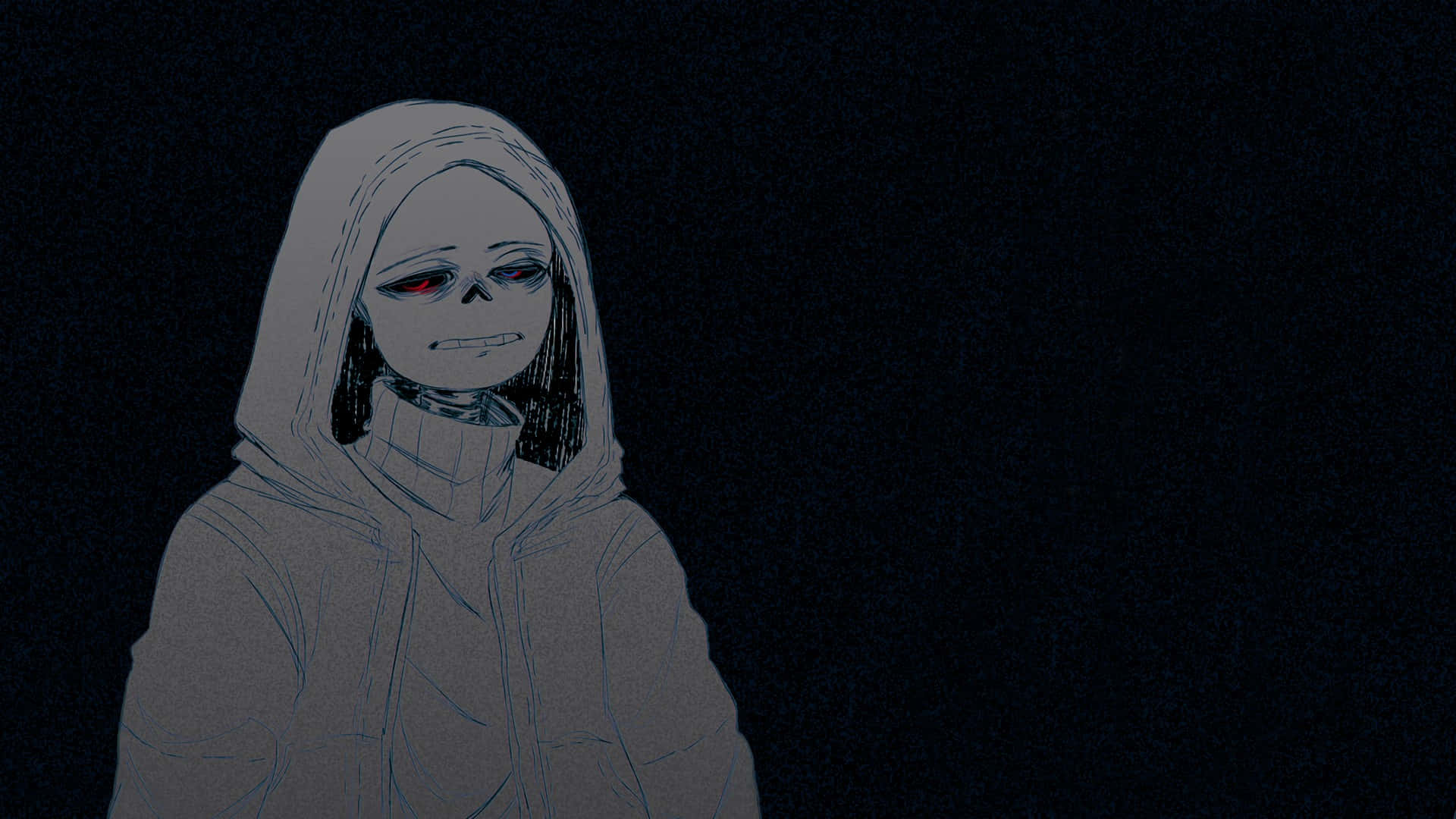 depressed anime 桌布 壁紙 — 一個骨骼動漫角色，紅眼睛，穿著連帽衫，站在黑暗背景前，呈現極簡數位藝術風格。