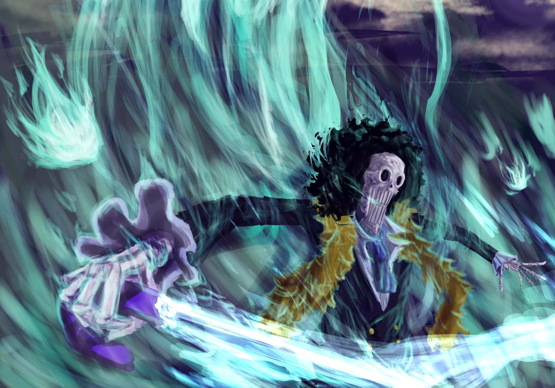 Brook 桌布 壁紙 — 一個骨骼動畫海盜，頭髮狂野，在旋轉的青綠色能量和鬼火中揮舞著發光的劍。