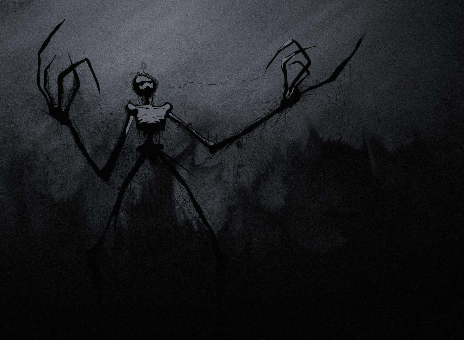 Dark Gothic 桌布 壁紙 — 一個骨骼恐怖形象，四肢修長，手爪如鉤，從黑暗迷霧中浮現，背景是陰沉的灰色。