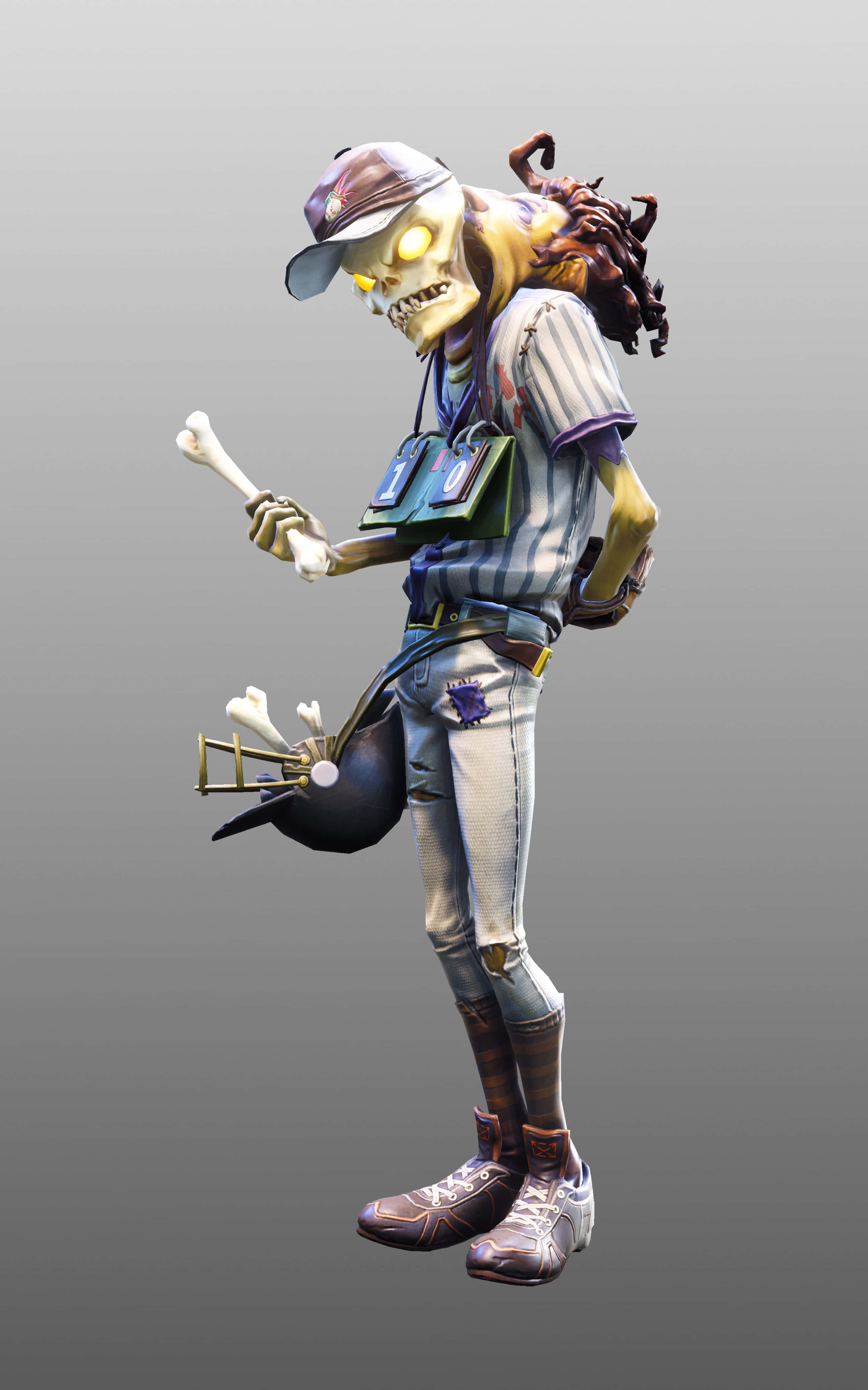 Fortnite 桌布 壁紙 — 一個骨骼棒球運動員，眼睛發光，梳著辮子，手持骨棒和頭盔，背景為灰色。