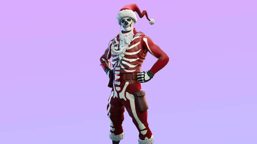 桌布 壁紙 — 一個骨骼狀的 Fortnite 角色穿著紅白相間的聖誕老人套裝，在柔和的紫色漸變背景前自信地擺姿勢。