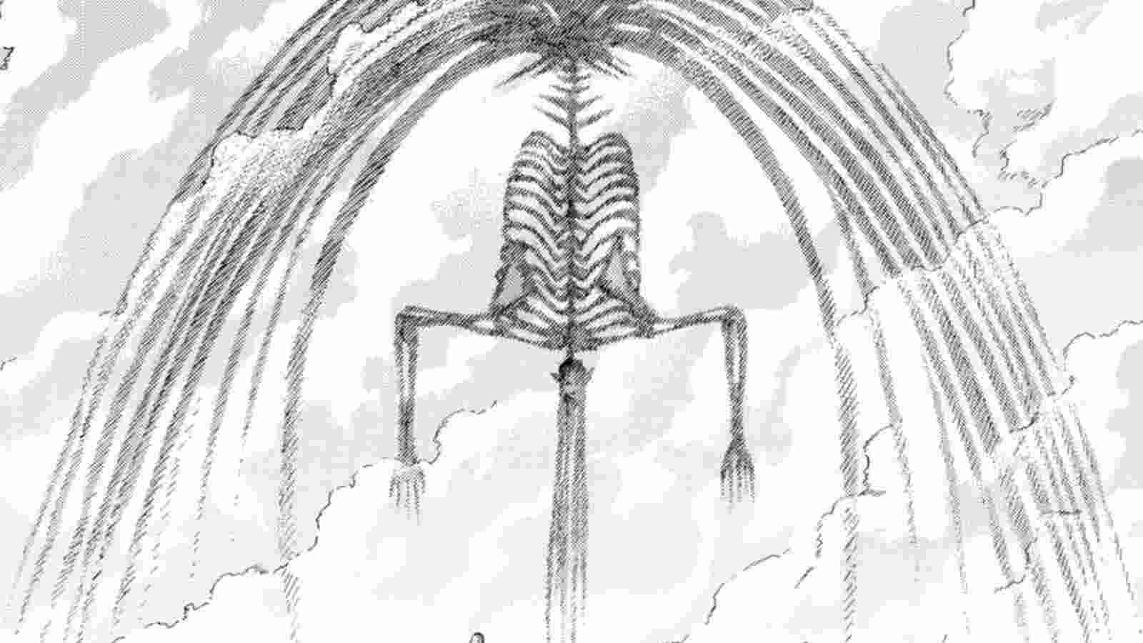 Founding Titan 桌布 壁紙 — 一個骨骼狀的人形人物，四肢修長，站在雲層之上，被流動線條的彎曲拱門框住。