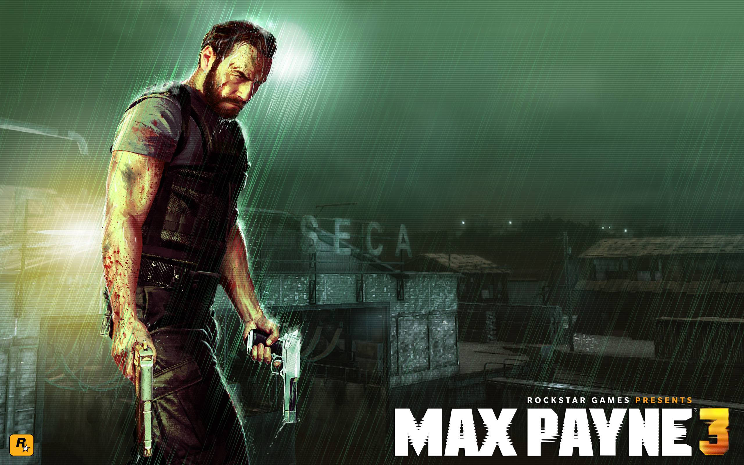 Max Payne 桌布 壁紙 — 一個骯髒、渾身濕透的男人，雙臂沾滿鮮血，在黑暗的城市小巷中，於強烈的聚光燈下手持兩把手槍。