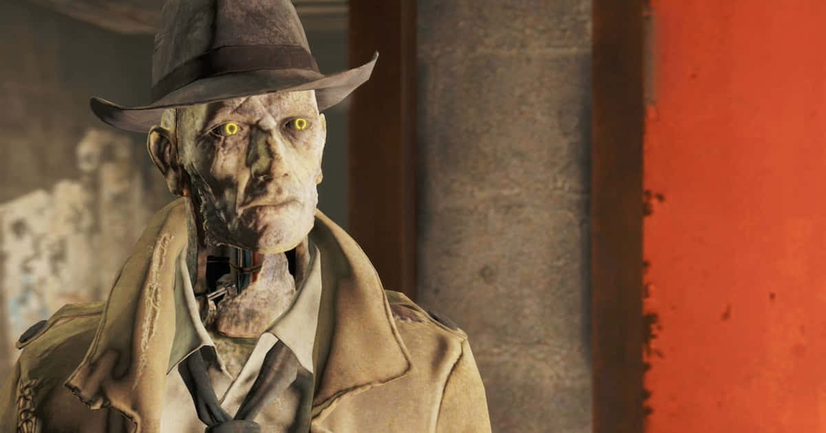 Fallout Characters 桌布 壁紙 — 一個骯髒的、帶有發光黃色眼睛和軟呢帽的賽博格男人，在骯髒的城市小巷中凝視著。