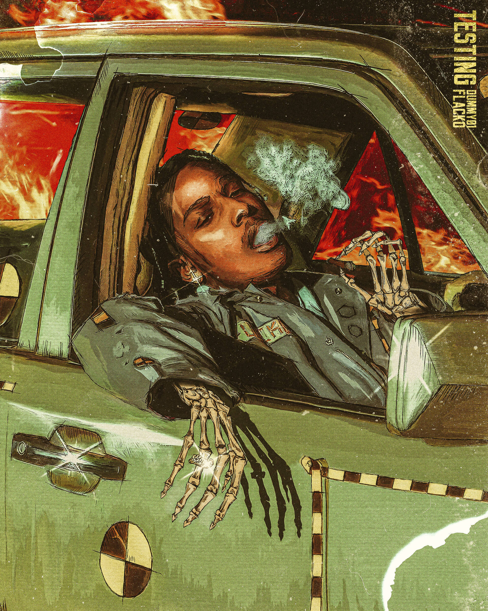 rocky 桌布 壁紙 — 一個骷髏人物懶洋洋地坐在綠色汽車裡，抽著煙，窗外火焰肆虐。
