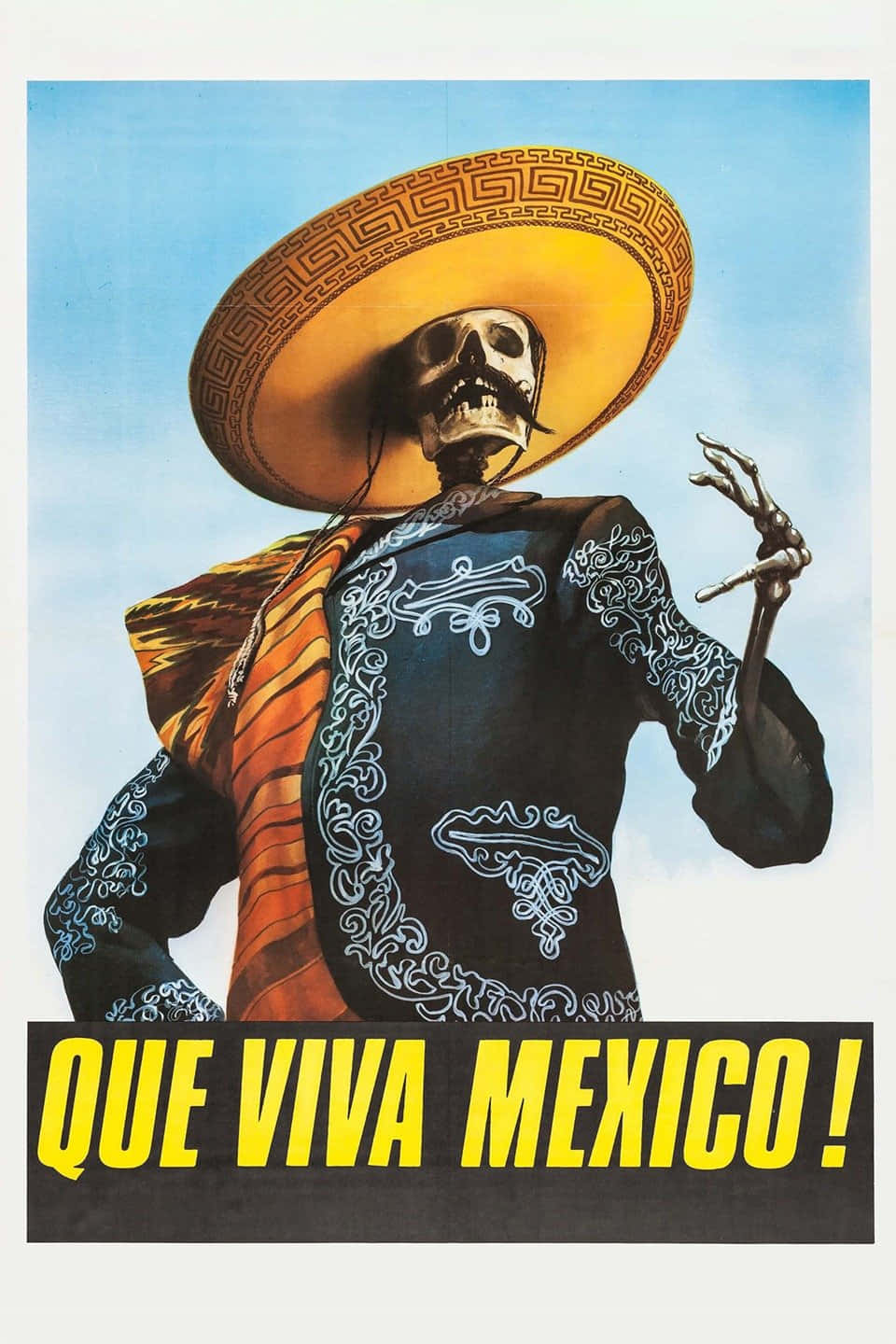 Viva Mexico 桌布 壁紙 — 一個骷髏人物戴著裝飾過的闊邊帽和傳統服裝，在清澈的藍天下揮手，下方有粗體黃色文字。