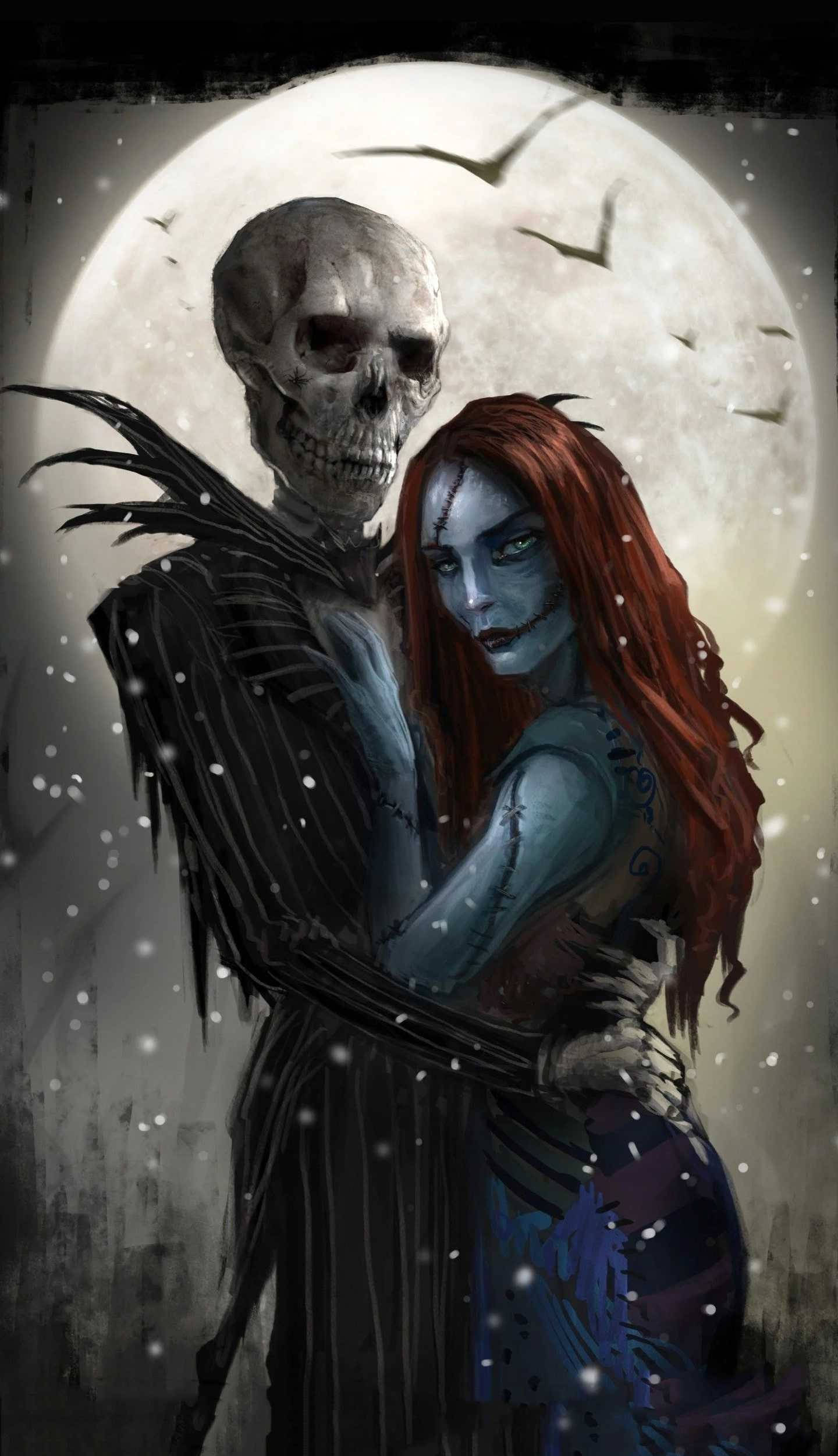 Scary Christmas 桌布 壁紙 — 一個骷髏人物擁抱著一個紅髮縫合的女人，在滿月下，蝙蝠飛翔，雪花飄落。