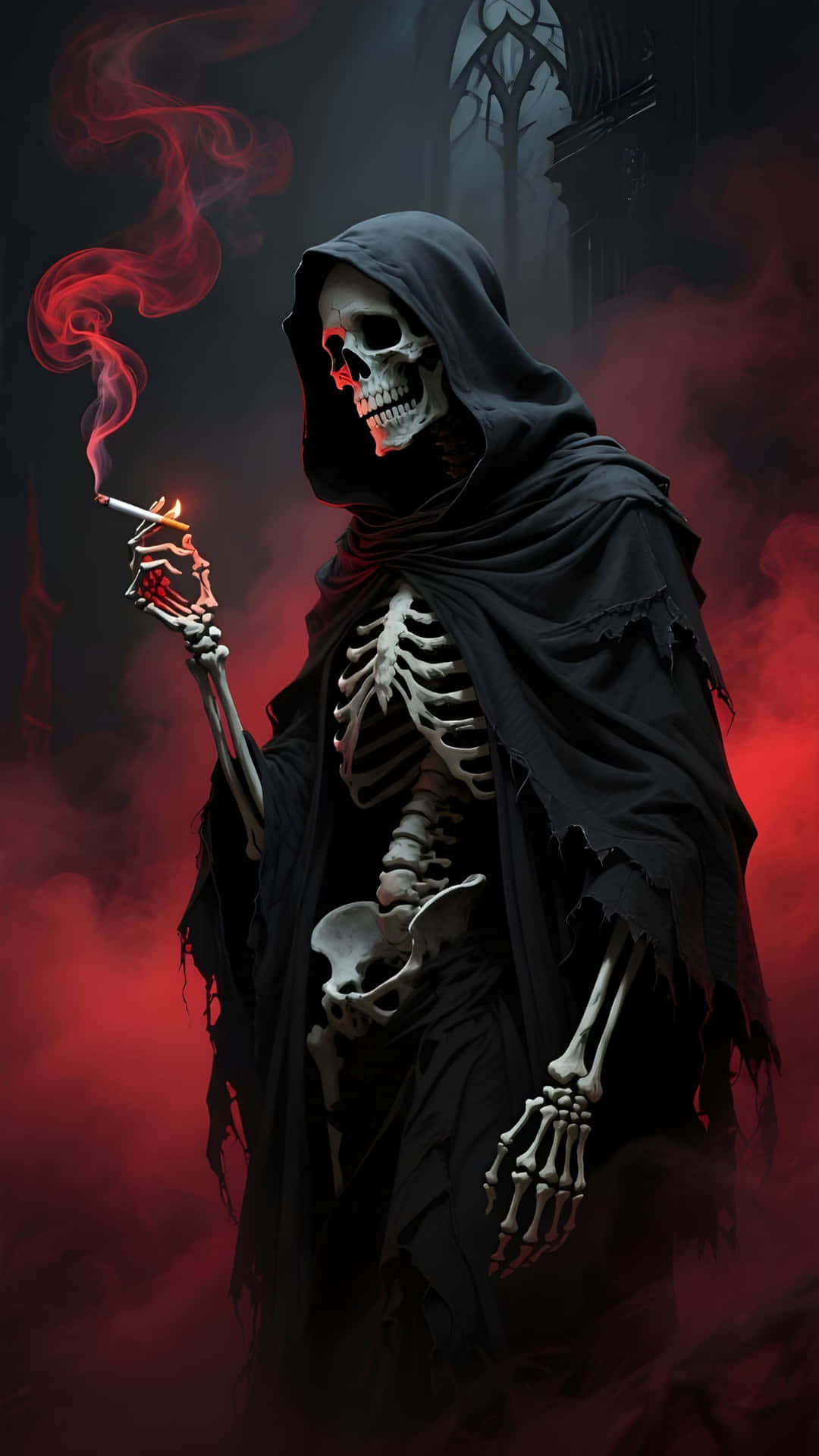 The Grim Reaper Smokes - A Dark, Hauntingly Artistic Portrait of Death 壁紙 — 一個骷髏人物穿著破爛的黑色連帽斗篷，抽著煙，紅色的煙霧在黑暗哥德式背景下旋轉。