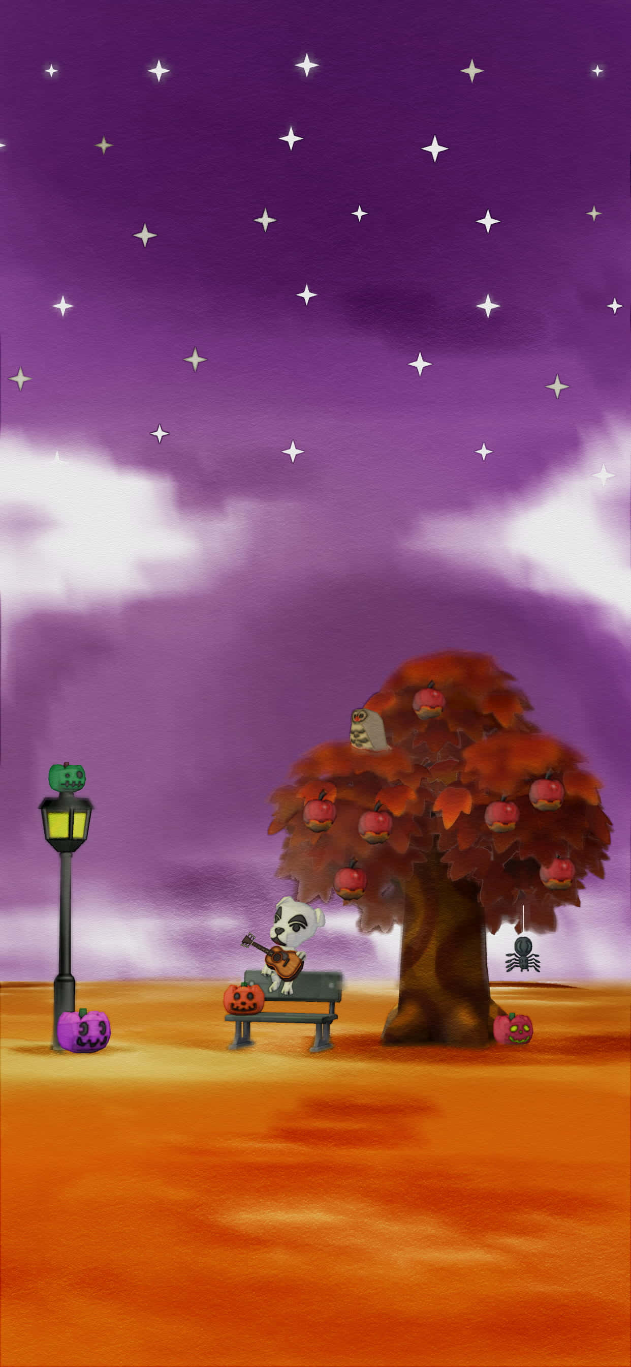 First Day Of Fall 桌布 壁紙 — 一個骷髏在星空紫色天空下，在傑克南瓜燈樹旁彈吉他，營造出詭異的萬聖節場景。