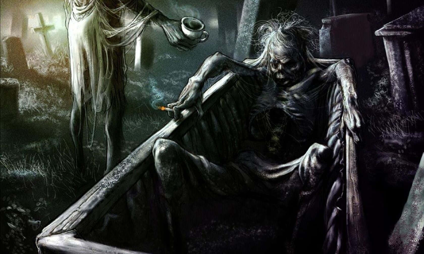 Horror Anime 桌布 壁紙 — 一個骷髏坐在霧氣瀰漫的墓地的棺材裡抽煙，一隻幽靈般的手遞來一個杯子。