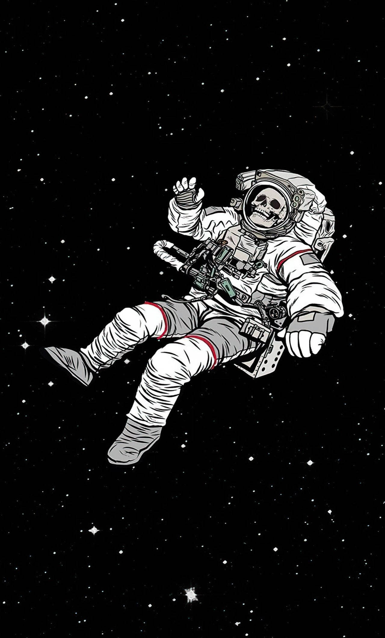 astronaut aesthetic 桌布 壁紙 — 一個骷髏太空人在佈滿星星的虛空中平靜地漂浮，揮手且表情平靜。