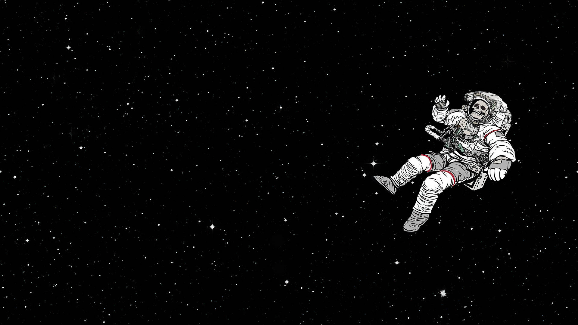  壁紙 — 一個骷髏太空人在佈滿星星的黑色虛空中平靜漂浮，揮動一隻手。