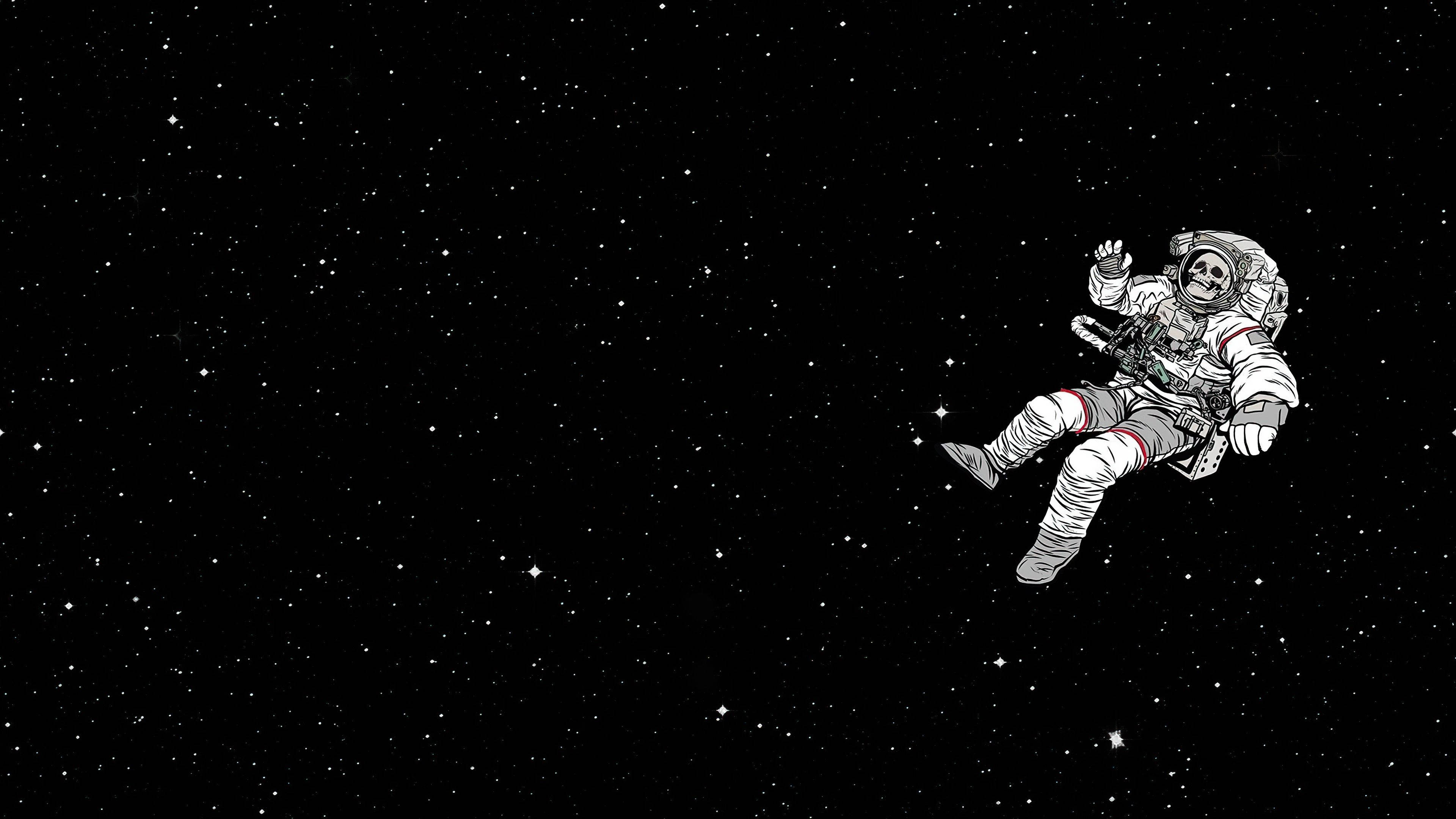 astronaut aesthetic 桌布 壁紙 — 一個骷髏太空人在佈滿星星的黑色虛空中平靜地漂浮，揮動著一隻手。