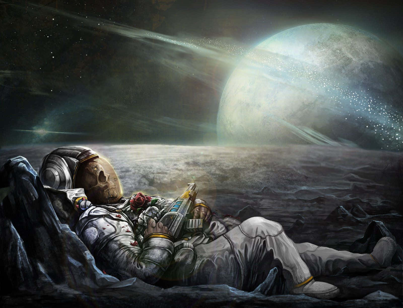 Astronaut Desktop 桌布 壁紙 — 一個骷髏太空人在岩石外星行星上休息，在發光月亮下拿著一朵玫瑰和一個未來裝置。